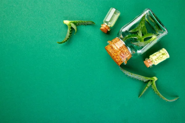 Aloe Vera Glasflasche Und Handtuch Für Den Wellnessbereich Auf Grünem — Stockfoto