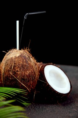 Hindistan cevizi kahverengi zemin üzerinde kokteyl. Yaz tatili hindistan cevizinin içine kavramı, tropik kokteyller veya meyve suları içmek. Kopya alanı. 