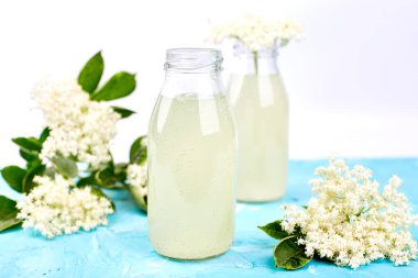Kombucha çayı elderflower çiçek mavi arka plan ile. Ev yapımı infüzyon içecek fermente. Yaz sağlıklı doğal probiyotik içki aromalı. Kopya girintili