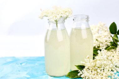 Kombucha çayı elderflower çiçek mavi arka plan ile. Ev yapımı infüzyon içecek fermente. Yaz sağlıklı doğal probiyotik içki aromalı. Kopya girintili