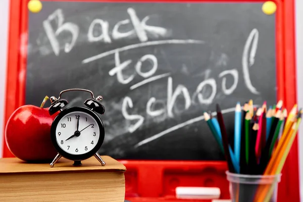 Back School Lettering Blackboard Piece Chalk Books Pencils Red Apple — Stock Photo, Image