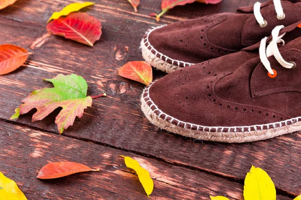 Brown Man Suede Boots Espadrilles Wooden Background Leaves Autumn Winter — Stock Photo, Image