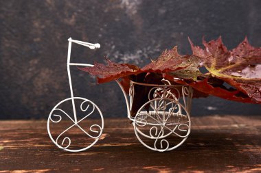 Bisiklet minyatür renkli sonbahar ile yaratıcı yerleşimini ahşap arka plan üzerinde bırakır. Sonbahar geliyor. Sonbahar sezonu kavramı. Şükran günü