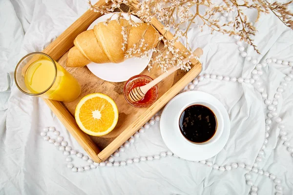 Bonjour Bonjour Petit Déjeuner Continental Sur Draps Blancs Tasse Café — Photo