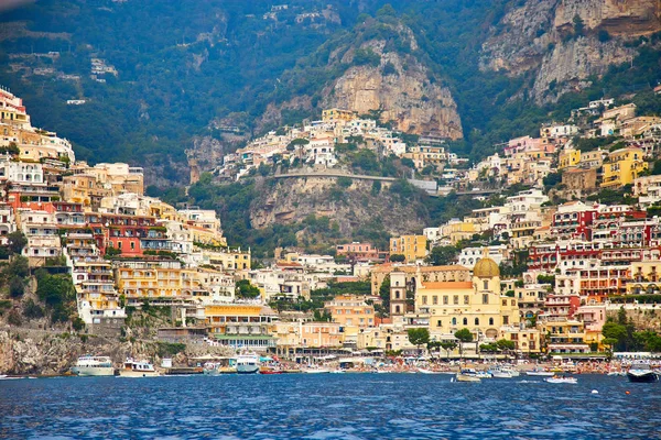 Positano, Amalfi Coast, Campania, Italy. Beautiful View of Positano along Amalfi Coast in Italy in summer. Morning view cityscape on coast line of mediterranean sea.