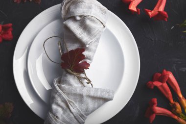 Şükran günü kutlama koyu arka plan üzerinde sonbahar tablo ayarı. Sonbahar sofra. Üstten görünüm. Teras yatıyordu. Kopya alanı.