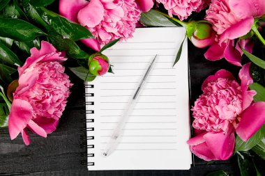 Not veya günlük siyah zemin üzerine güzel pembe şakayık çiçekleri. Liste yapmak için planlama. Alanı yukarıdan kopyalayın. Düz yatıyordu. Boş boş.