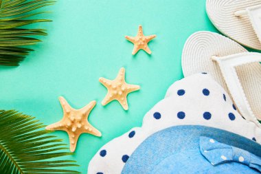 Yaz kadın moda kıyafet. Sunhat, beyaz flip flop, puantiyeli havlu ve denizyıldızı tropikal hurma dalları ile mavi arka plan üzerinde. Plaj, tatil, kavram, Minimalizm seyahat. Düz yatıyordu, en iyi görünüm. Kopya alanı.