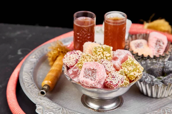 Set Various Turkish Delight Traditional Silver Bowl Metal Tray Hookah — Stock Photo, Image