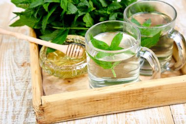 Cam bardak veya kupa ahşap tepsi üzerinde sıcak bitkisel Nane çay içecek. Bal ve taze Bahçe Nane yaprakları kopya alanı. 