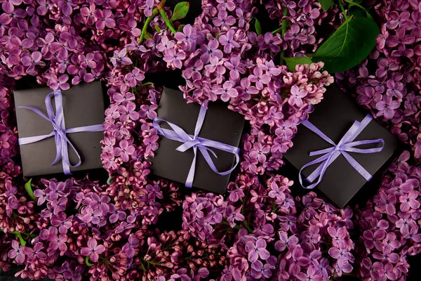 Czarne Małe Pudełka Zapakowane Wstążki Fiolet Fioletowy Urządzone Naturalnych Lilac — Zdjęcie stockowe
