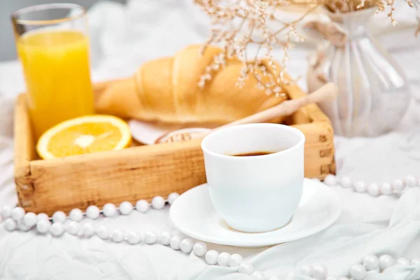 Good Morning Continental Breakfast White Bed Sheets Cup Coffee Orange — Stock Photo, Image