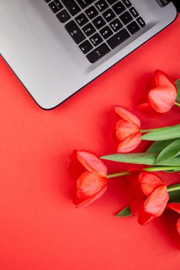 Kadın ya da dizüstü bilgisayar, dizüstü bilgisayar ve buket kadınsı çalışma alanı kırmızı masada çiçekler. Düz yatıyordu. Blogger Üstten Görünüm