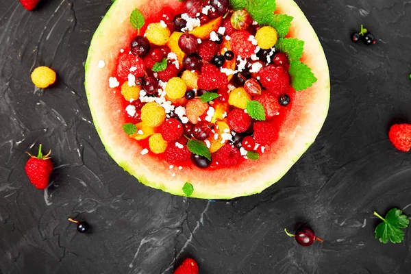 Watermelon Bowl Cottage Cheese Berries Apricot Raspberry Gooseberries — Stock Photo, Image