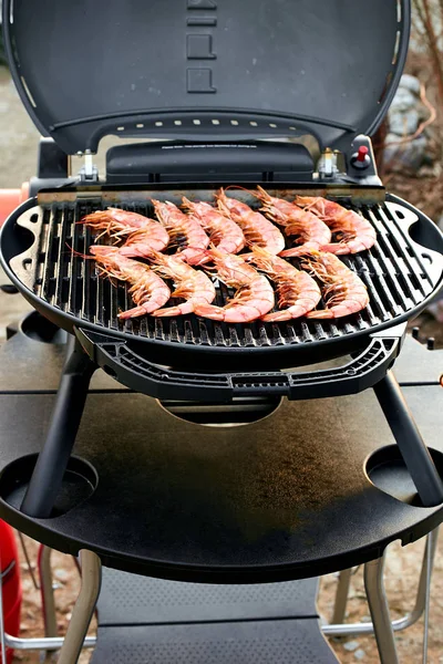 Grilled Big Tiger Shrimps Prawns Grill Pan Top View Grilled — Stock Photo, Image