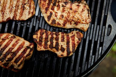 Izgara hindi eti. Büyük gaz ızgara üzerinde Biftek hindi ızgara . Piknik. Yaz. Üst te. Düz yatıyordu. Kopyalama alanı.