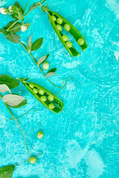 Flache Lagekomposition Mit Köstlichen Frischen Grünen Erbsen Auf Blauem Hintergrund — Stockfoto