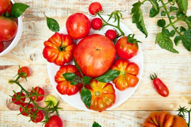 Domates arka plan karışımı. Beyaz ahşap masa arka planda güzel sulu organik kırmızı domates. Temiz yemek konsepti. Kopya alanı, düz yatıyordu