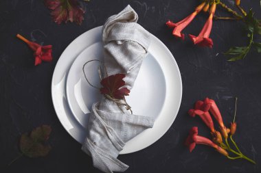 Şükran günü kutlama koyu arka plan üzerinde sonbahar tablo ayarı. Sonbahar sofra. Üstten görünüm. Teras yatıyordu. Kopya alanı.