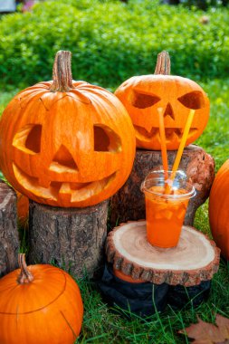 Halloween. Jack-o-Fener. yeşil ormanda mumlar ve örümcek yakın bir gülümseme ile korkunç kabak, açık.