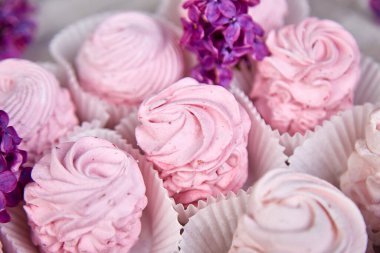 Leylak çiçeklerinin yanındaki kuşüzümlü üzümden gelen ev yapımı mor krema. Zephyr 'den arkaplan, üst görünüm, kopyalama alanı. Düz yatıyordu.