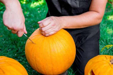 Bir adam balkabağının kapağını kesip Cadılar Bayramı 'nda balkabağı feneri hazırlar. Parti için dekorasyon, yakın çekim.