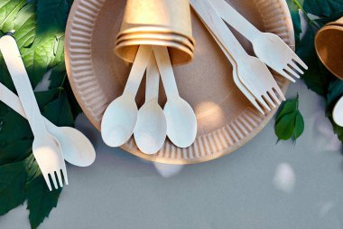 Çevre sanatı kağıdı ve ahşap sofra takımı, sıfır atık, plastiksiz ve çevre dostu yaşam, kağıt bardaklar, tabaklar ve ahşap kesici geri dönüşüm veya çevre dostu konsept.