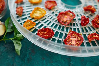 Ev yapımı kurutulmuş domatesler yeşil arka plandaki kurutucudan süzgeçte. Üst görünüm, kopyalama alanı, düz uzanma