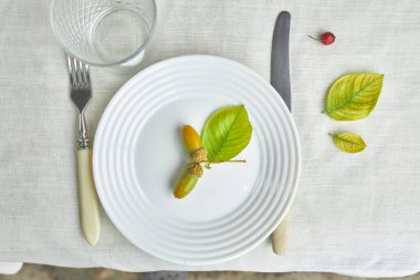 Şükran Günü ya da Cadılar Bayramı 'nda yemek masasında meşe palamudu döşenmiş, beyaz masa örtüsünde yapraklar, yukarıdan manzara, düz yatış..