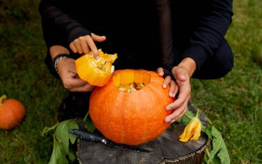 Kız ve baba ellerini açar Cadılar Bayramı için oymadan önce balkabağı keser Jack O 'Lantern' i hazırlar. Parti için dekorasyon, Küçük aile yardımcısı, Üst Manzara, Kapat, Yukarıdan görünüm, Boşluğu kopyala