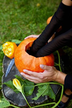 Kız ve baba elleri Cadılar Bayramı için oymadan önce tohumları ve lifli balkabağını çeker, Jack o 'Lantern' i hazırlar. Parti için dekorasyon, Küçük aile yardımcısı, Üst Manzara, Kapat, Kopyala
