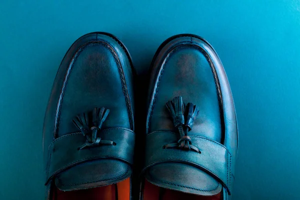 Zapatos Mocasines Azules Sobre Fondo Azul Par Vista Superior Copiar — Foto de Stock