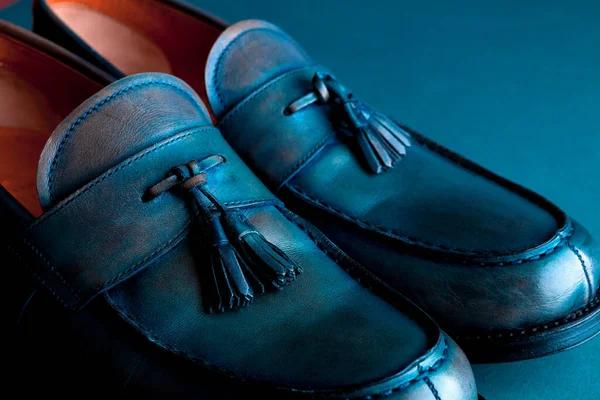 Blue Loafer Shoes Blue Background One Pair Close — Stock Photo, Image