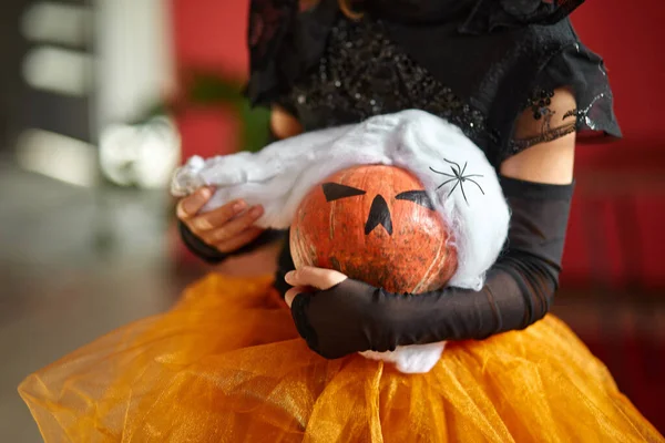 Jack Lantern Halloween Pumpkin Medical Protection Black Mask Girl Hands — Stock Photo, Image