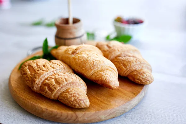 Traditional French Croissant White Table Background Tasty Breakfast Croissants Fresh — Stock Photo, Image