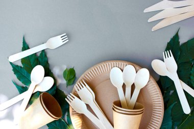 Çevre sanatı kağıdı ve ahşap sofra takımı, sıfır atık, plastiksiz ve çevre dostu yaşam, kağıt bardaklar, tabaklar ve ahşap kesici geri dönüşüm veya çevre dostu konsept.