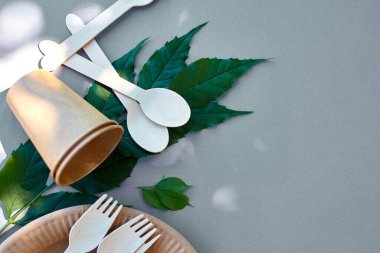 Çevre sanatı kağıdı ve ahşap sofra takımı, sıfır atık, plastiksiz ve çevre dostu yaşam, kağıt bardaklar, tabaklar ve ahşap kesici geri dönüşüm veya çevre dostu konsept.