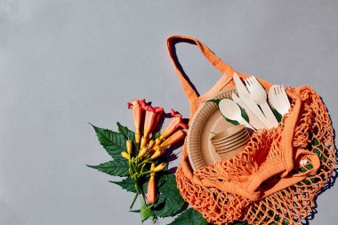 Çevre sanatı kağıdı ve ahşap sofra takımı, sert ışık, sıfır atık, plastiksiz ve çevre dostu yaşam, kağıt bardaklar, çanaklar, tabaklar ve pamuk ağdaki ahşap çatal bıçak takımı, geri dönüşüm veya çevre dostu kavram.