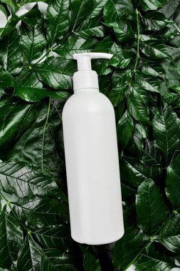 Yeşil tropikal yapraklar, spa konsepti, doğal organik kozmetik ambalaj plastiği, krem kaplama üst görünümü, düz konum kompozisyon reklamı veya afiş şablonu üzerine boş beyaz şişe modeli.