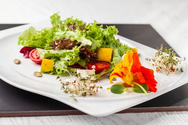 Avrupa İtalyan salata marul, domates, kabak, yemeklik kabak çiçekleri ve kabak çekirdeği, beyaz bir tabak içinde. Kopya alanı, seçici odak