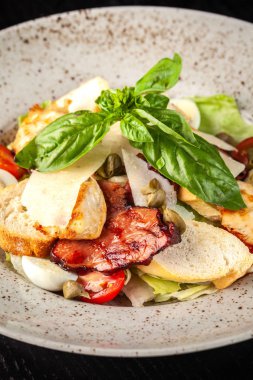 İtalyan mutfağı. Klasik Sezar salatası tavukla, domates, salata, parmesan peyniri, kruton ekmek, Peksimet ve fesleğen karıştırın. Restoranda güzel bir hizmet bir kavramdır. Kopya alanı