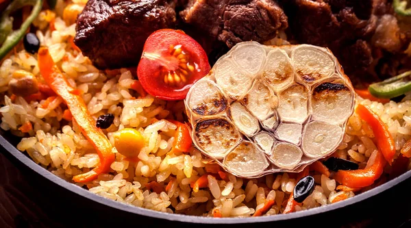 Conceito Cozinha Usbeque Oriental Pilaf Caseiro Plov Com Carneiro Vitela — Fotografia de Stock