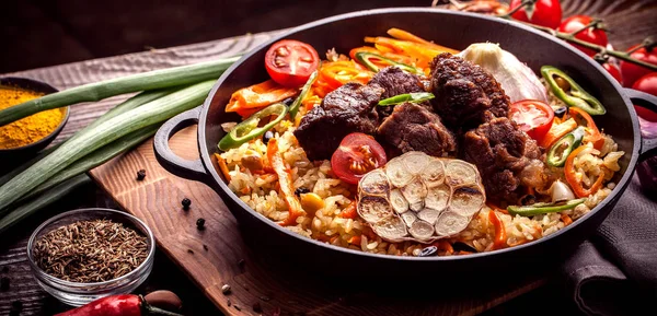 Concept Cuisine Ouzbèke Orientale Pilaf Maison Plov Mouton Veau Poulet — Photo