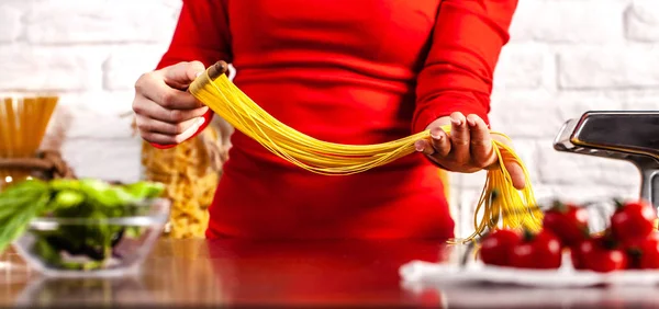 Step Step Manual Process Making Italian Pasta Fettuccine Home Pasta — Stock Photo, Image