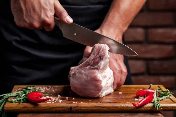 Concept Cooking Meat Man Chef Butcher Cuts Raw Meat Beef — Stock Photo, Image