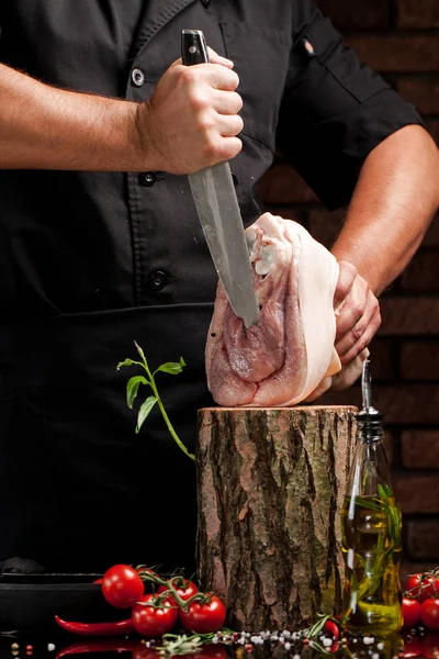 Concept Cooking Meat Man Chef Butcher Cuts Raw Meat Beef — Stock Photo, Image