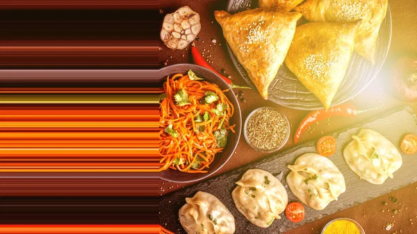 Assorted Uzbek food set, pilaf, samsa, lagman, manta and Korean carrots, Uzbek restaurant concept, Uzbek food feast. Festive, homemade lunch, dinner for the whole family. copy space, top view — Stock Image Assorted Uzbek Food Set Pilaf Samsa Lagman Manta Korean Carrots Stock Picture