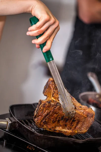 Concept Correct Cooking Meat Chef Prepares Fries Steak Mutton Pork — Stock Photo, Image