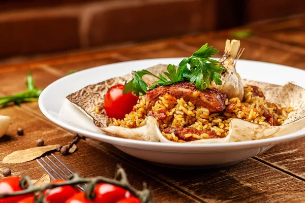 Concept Eastern Turkish Uzbek Cuisine Pilaf Pieces Meat Served Pita — Stock Photo, Image