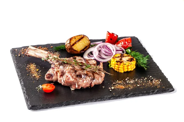 Large Meat Steak Bone Grilled Served Grilled Vegetables Corn Red — Stock Photo, Image